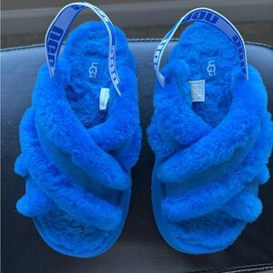 UGG Kids Bright Blue Fluffy Slippers